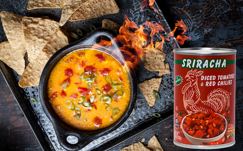 sriracha_web_silde_dicedredchilies Image of queso made with red gold sriracha diced tomatoes and red chilies