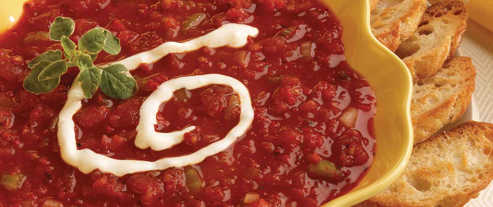 Roasted Red Pepper Soup with a side of crostini.