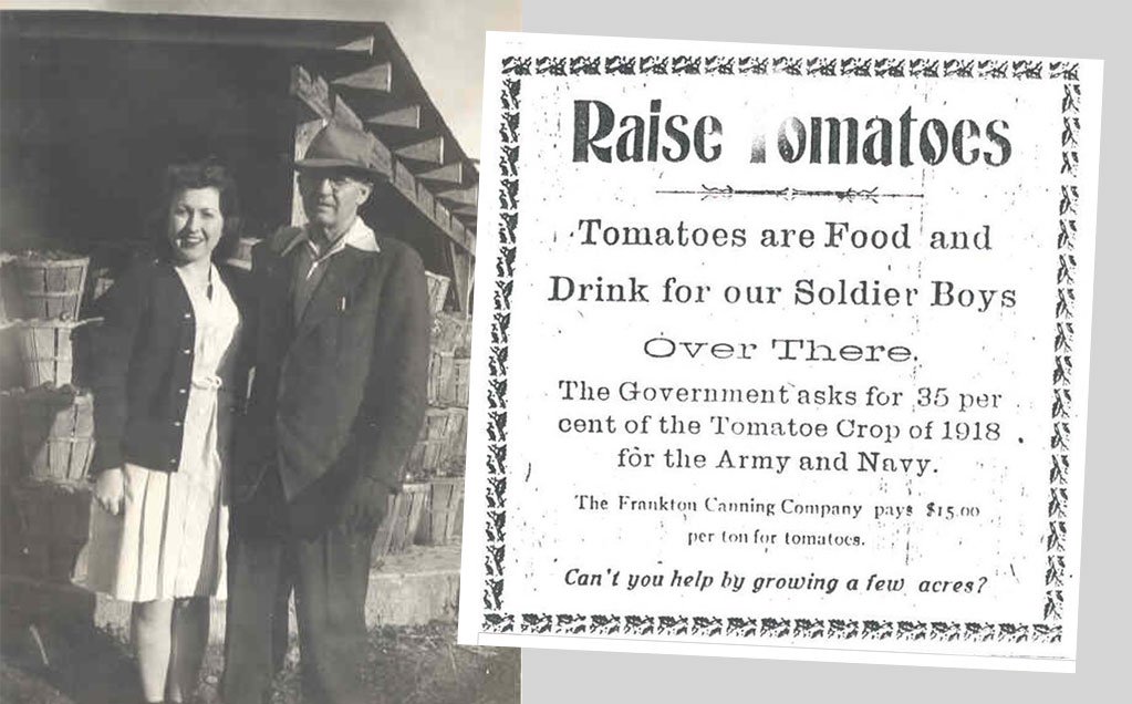 Black and white photo of Fran and Grover Hutcherson and ad for calling for tomato growers to feed the troops in WW2