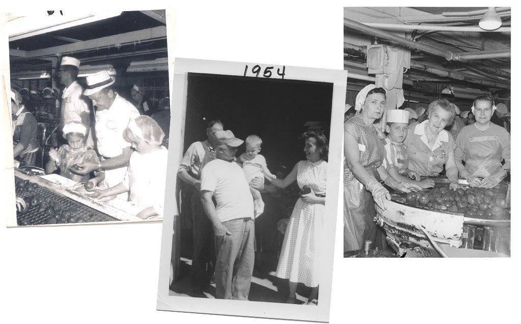 Black and white photos from Red Gold Factory of Tina, Gary and Brian Reichart with workers