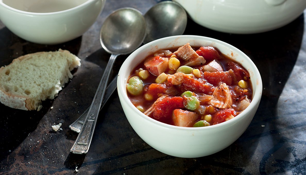 Image of brunswick stew in white bowl