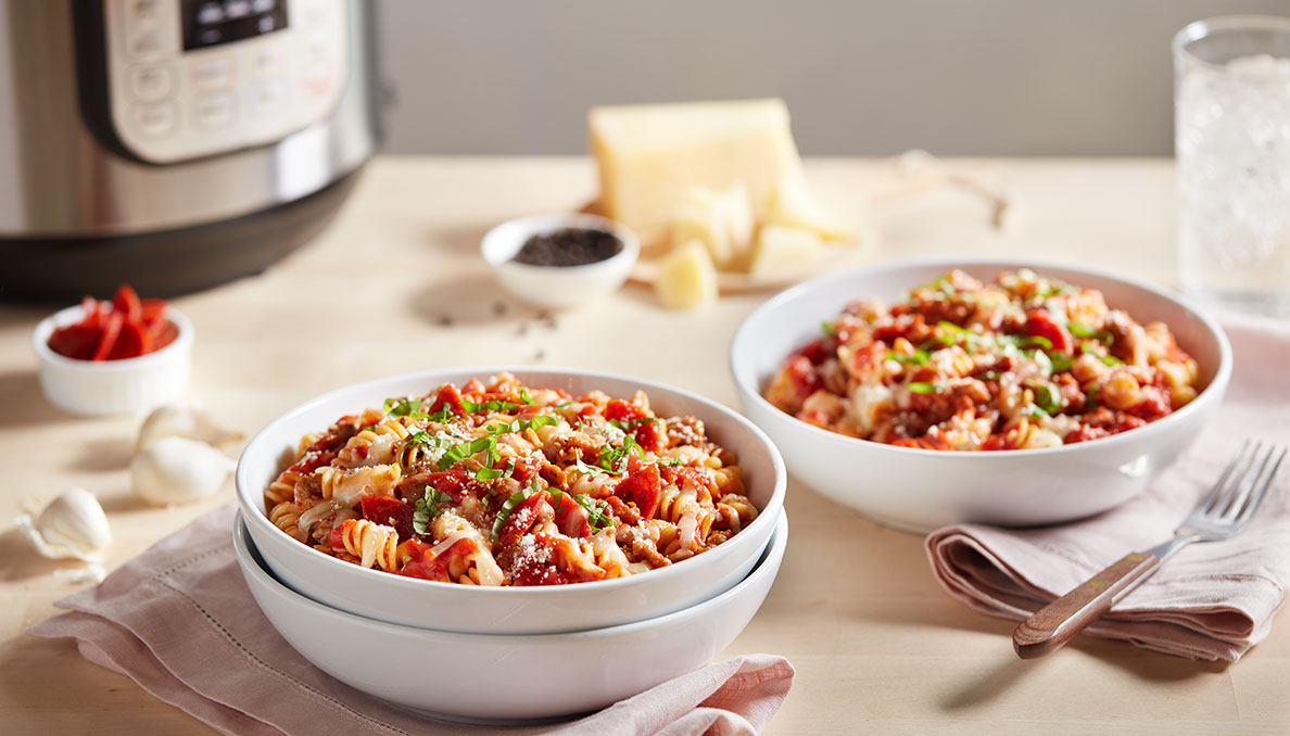 Instant Pot Pizza Pasta in Two Bowls Image of Instant Pot Pizza Pasta in white bowls