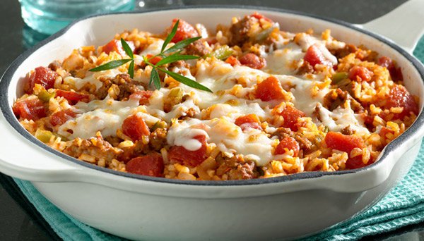 Image of Quick Italian Skillet Dinner in white cast iron skillet