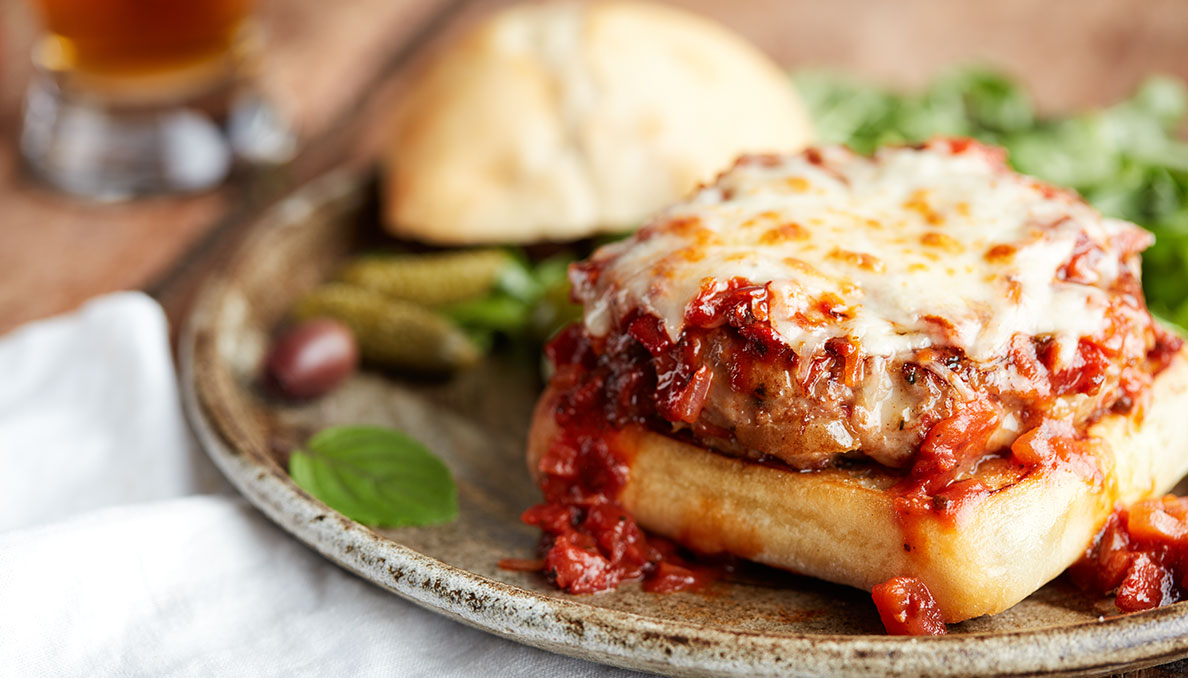 Image of Italian Pizza Burger made using quality Red Gold Tomato products