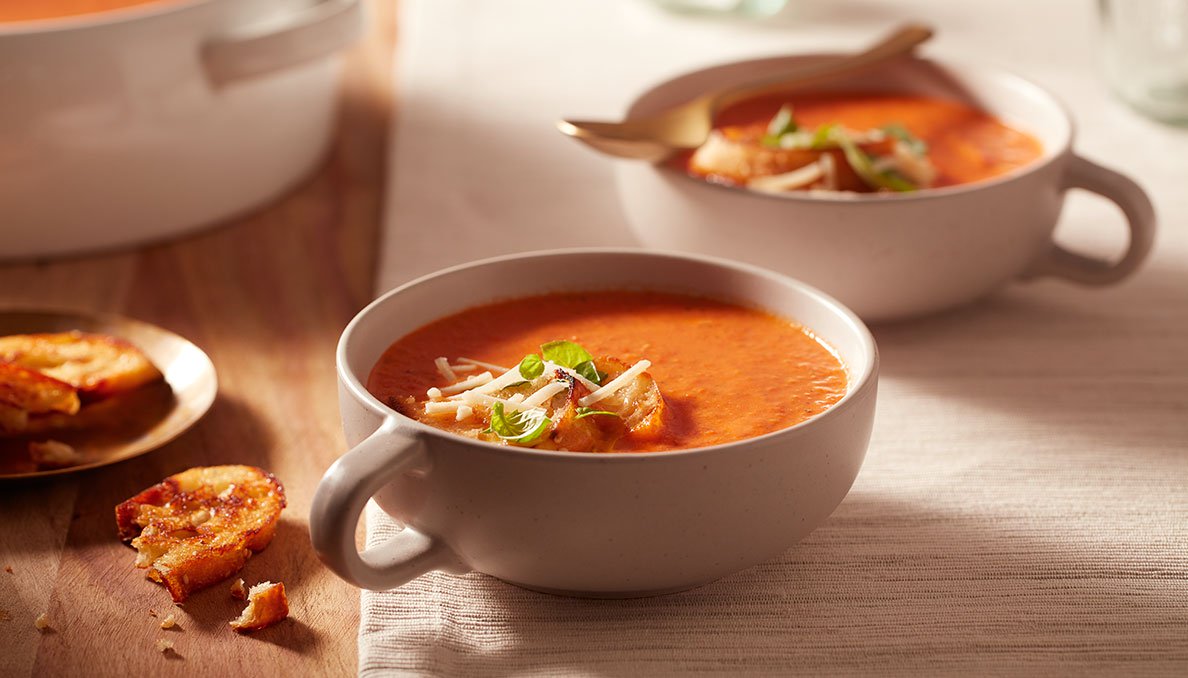 Image of two bowls of Roasted Red Pepper Soup