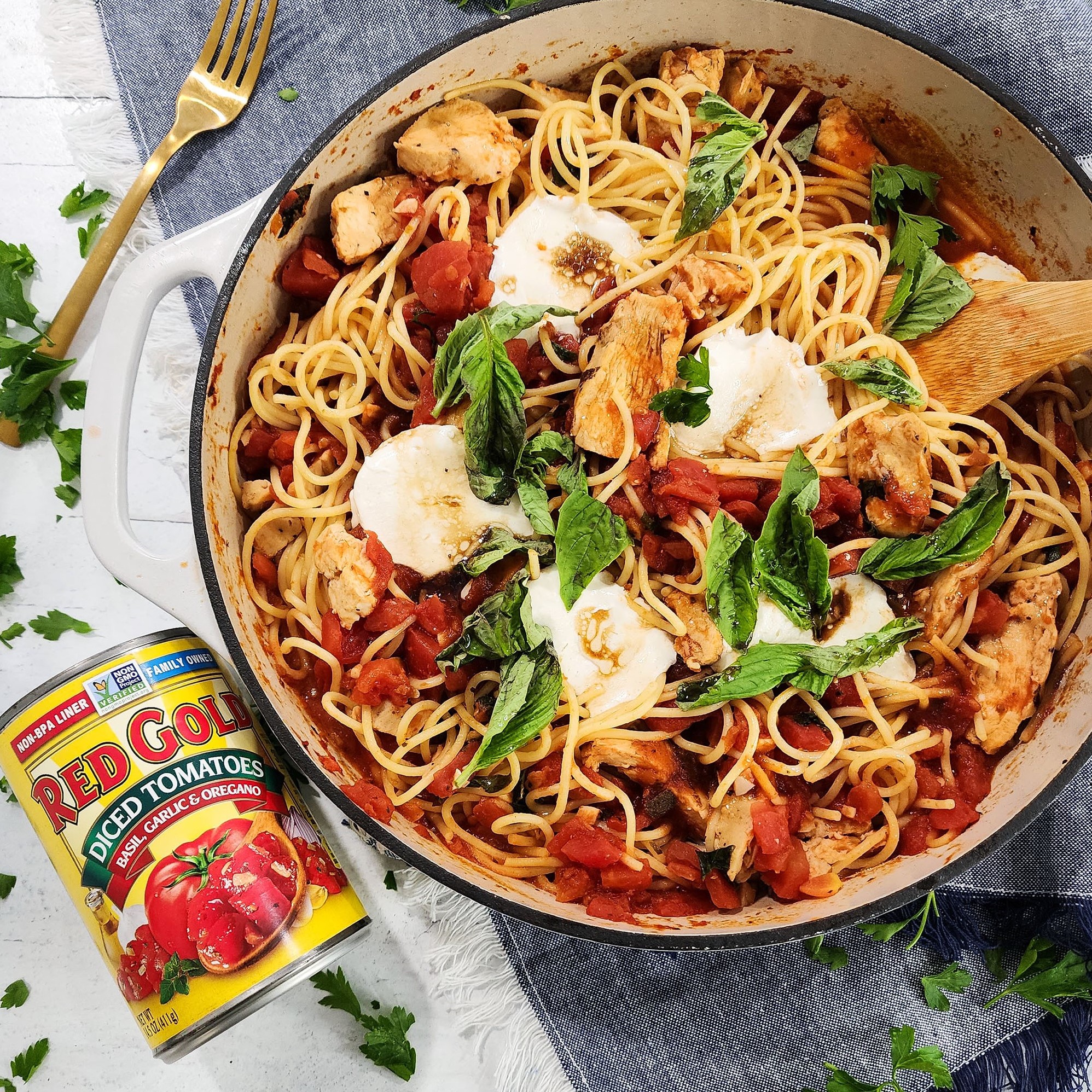 Easy Chicken Caprese Pasta from Red Gold Tomatoes