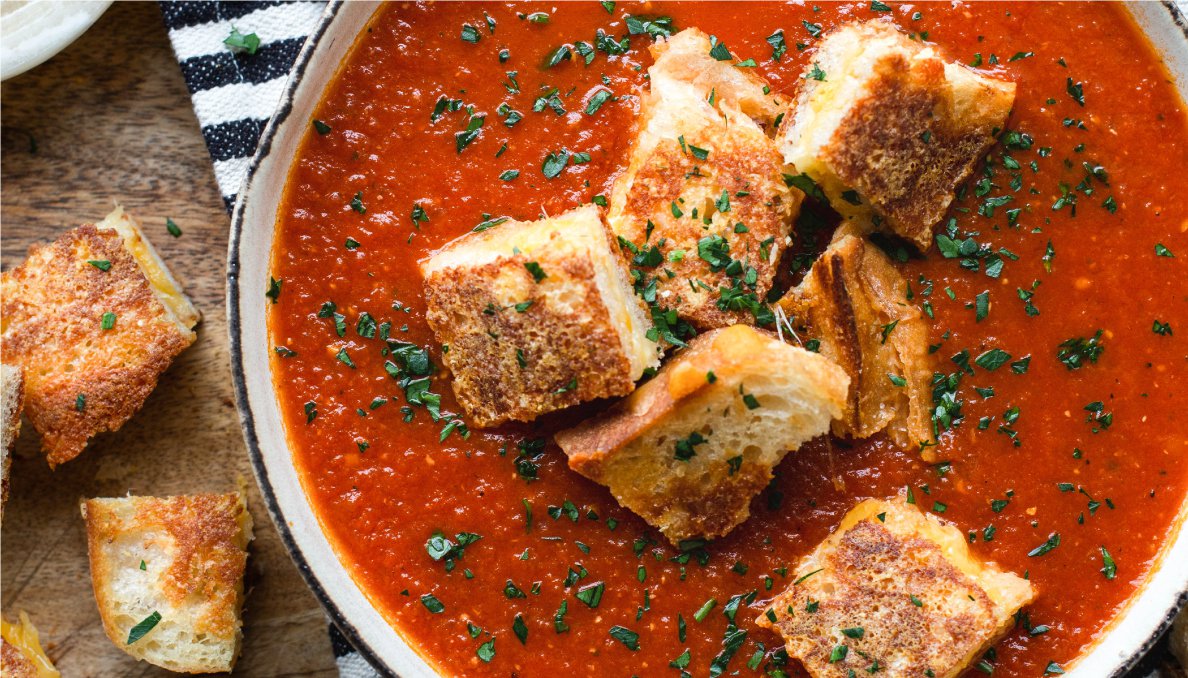 Pantry Tomato Soup with Grilled Cheese Croutons made with Red Gold Tomatoes