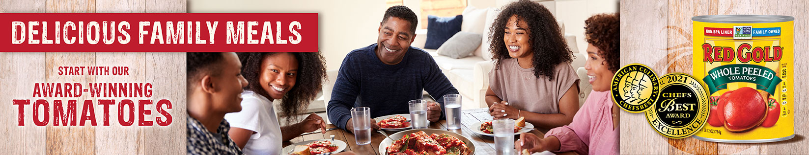 Image of a family at the dinner table enjoying a meal made using Red Gold tomatoes