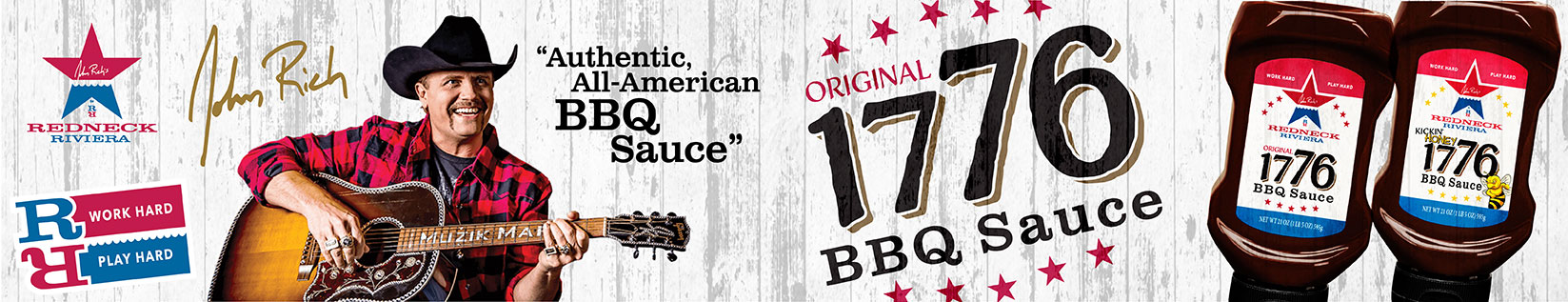 Image of John Rich playing the guitar along with two bottlles of 1776 BBQ Sauce promoting this new barbecue sauce