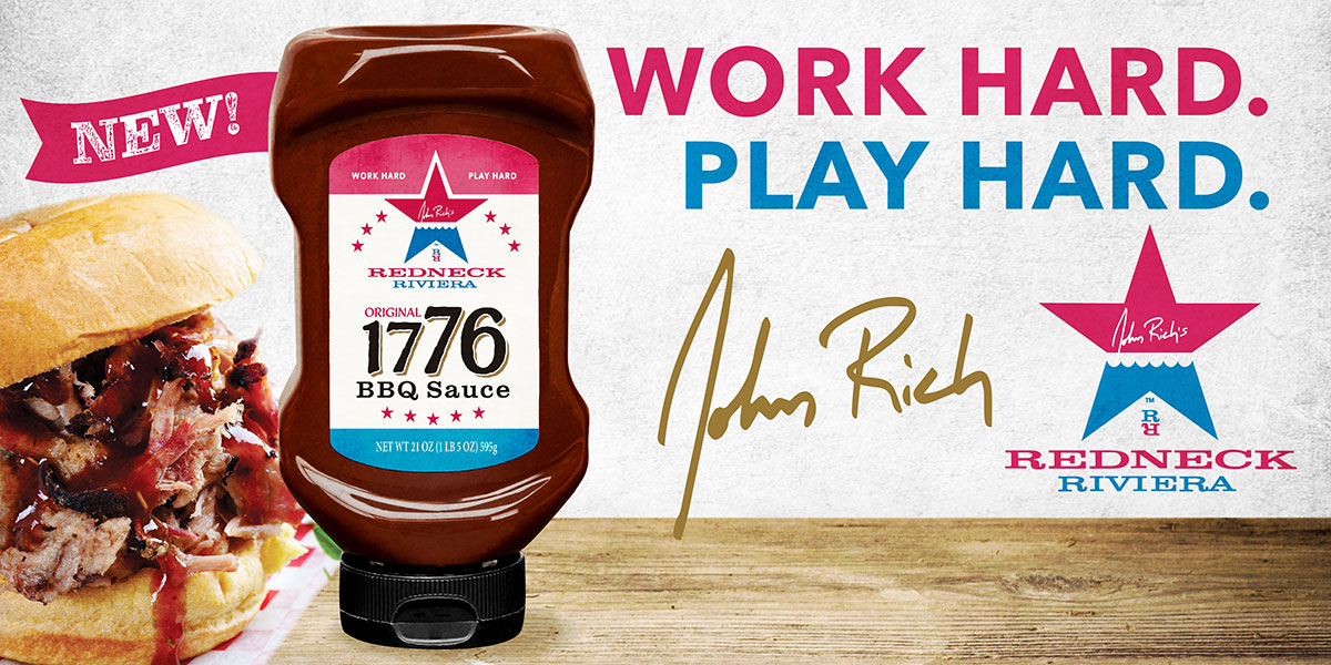 Image of 1776 Original BBQ Sauce by John Rich and Red Gold Tomatoes with a pulled pork sandwich and Redneck Riviera logo