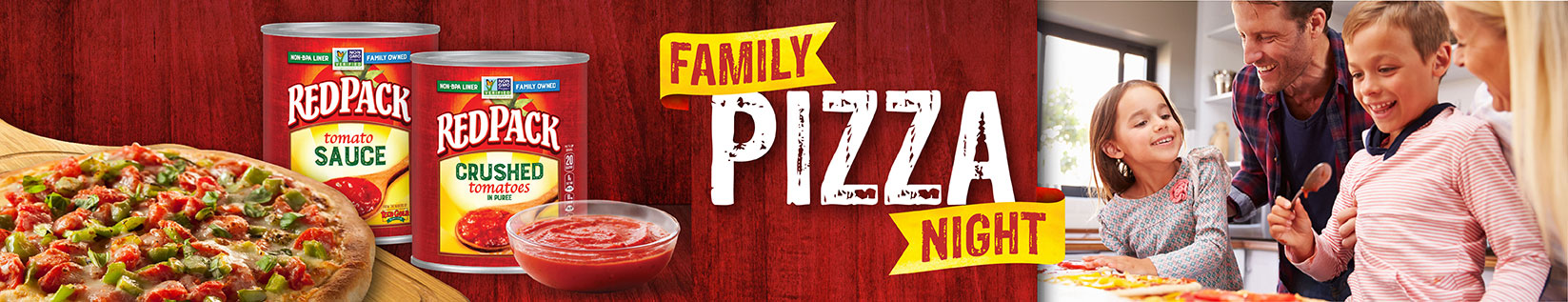 Image of Redpack tomatoes and pizza with family making a pizza