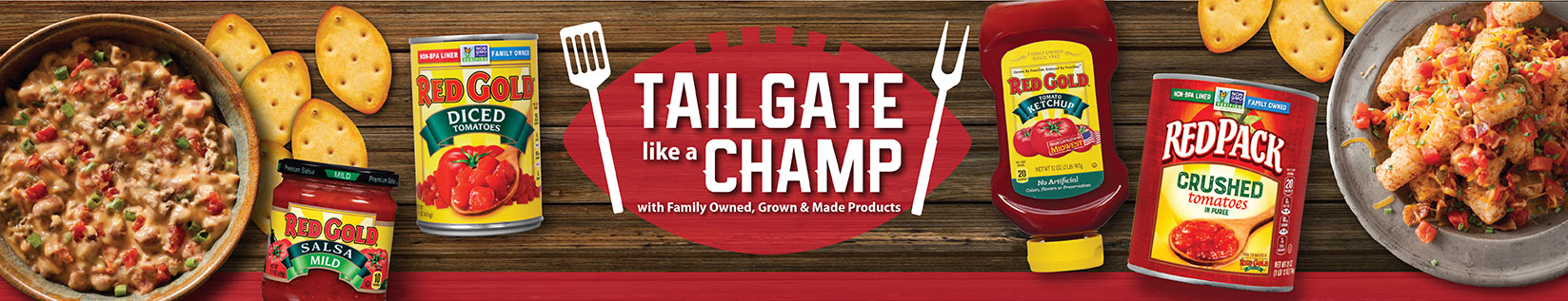 Image of Red Gold Tailgate recipes featuring canned tomato products from Red Gold and Redpack