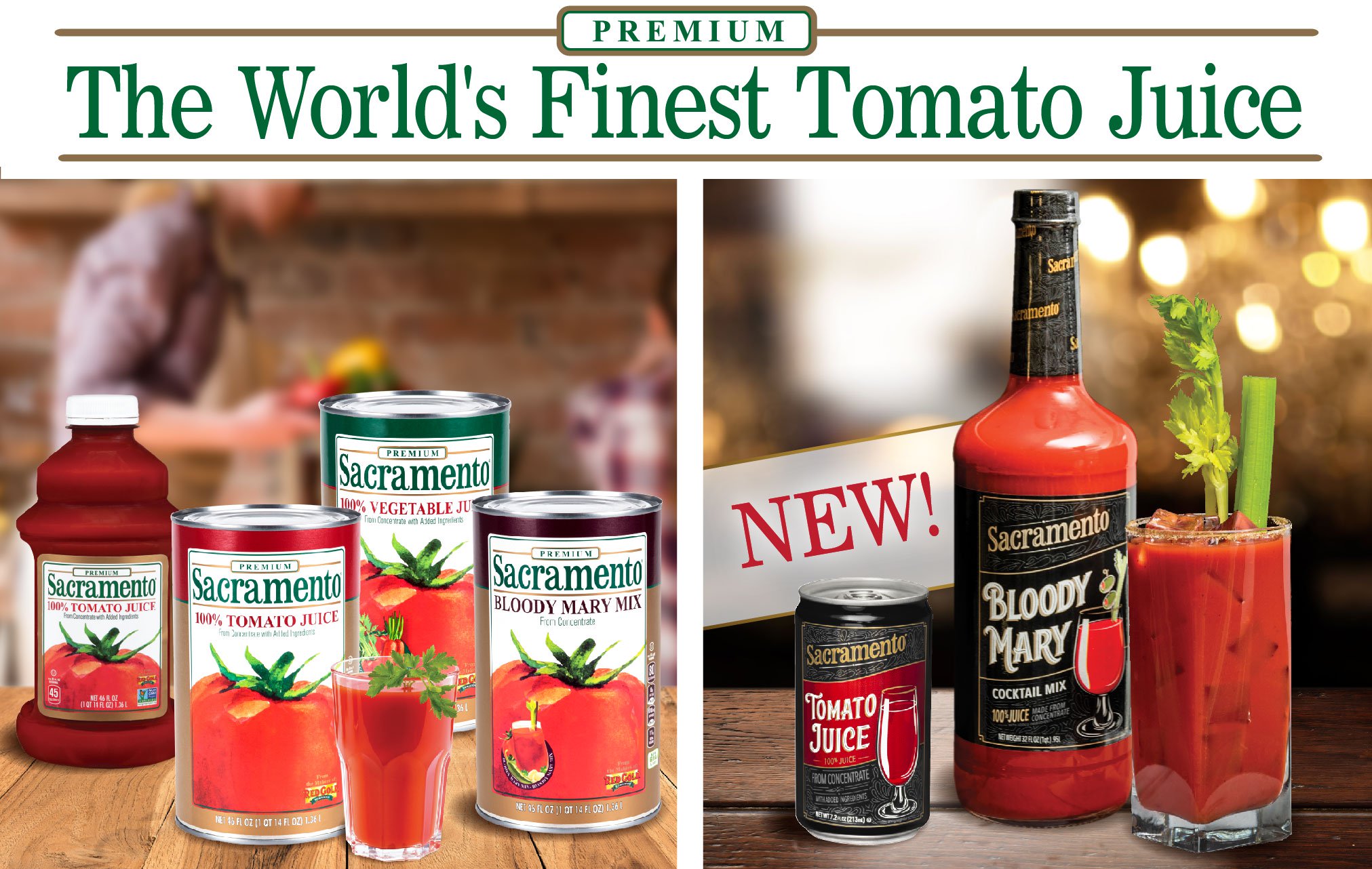 Line up of Sacramento Tomato Juice products Toamto Juice Bloody Mary Mix and Vegetable Juice