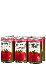 Image of Sacramento Tomato Juice 5.5 Ounce Can Front Tilted to Left - Red, Brown and White Background with Whole Tomato on Lower Half of Can
