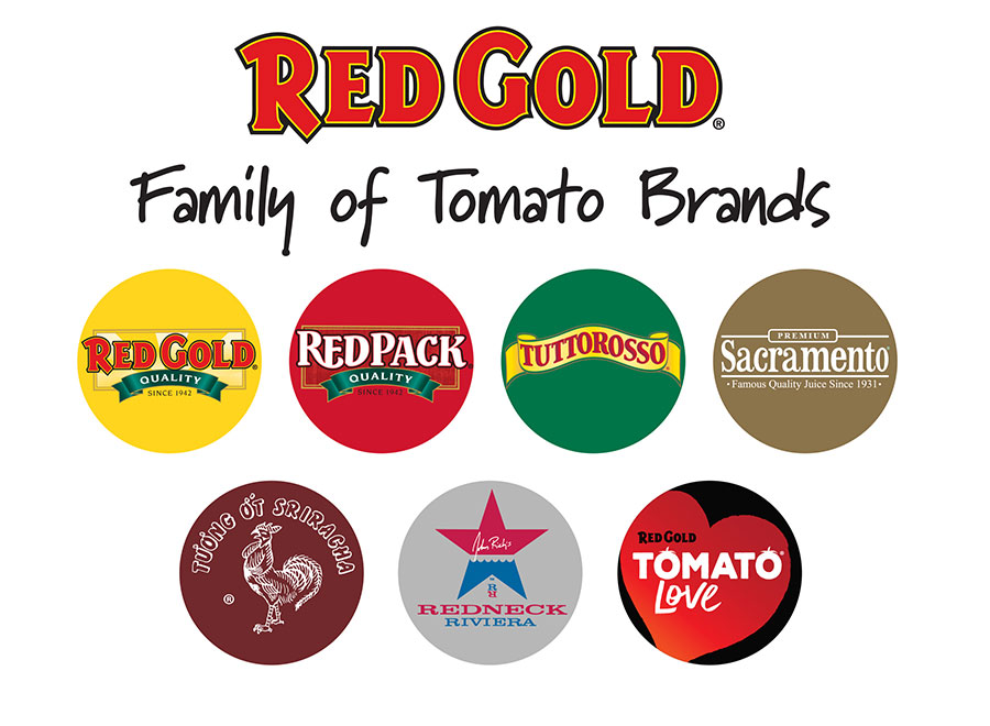 Image of Red Gold Inc Family of Brands logos includes Red Gold Redpack Tuttorosso Sacramento Sriracha