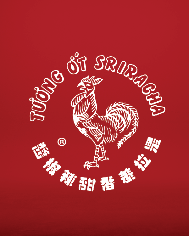 Image of Red Gold Sriracha logo with red background and Huy Fong Rooster