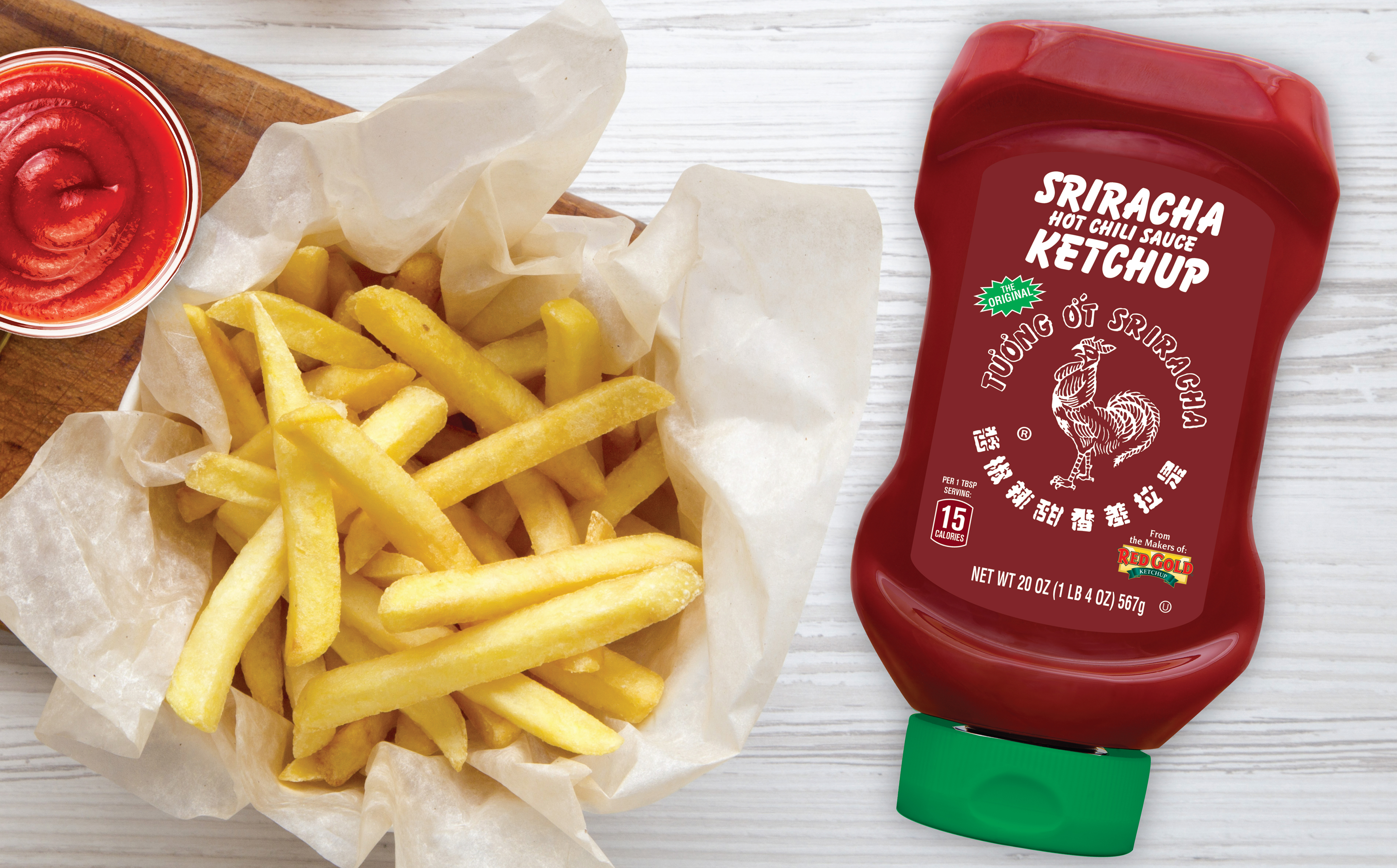 sriracha_web_silde_ketchuphotdog Image of red gold sriracha ketchup and french fries