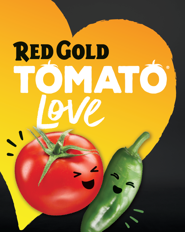 Image of Red Gold Tomato Love brand logo yellow heart with tomato and green chili pepper
