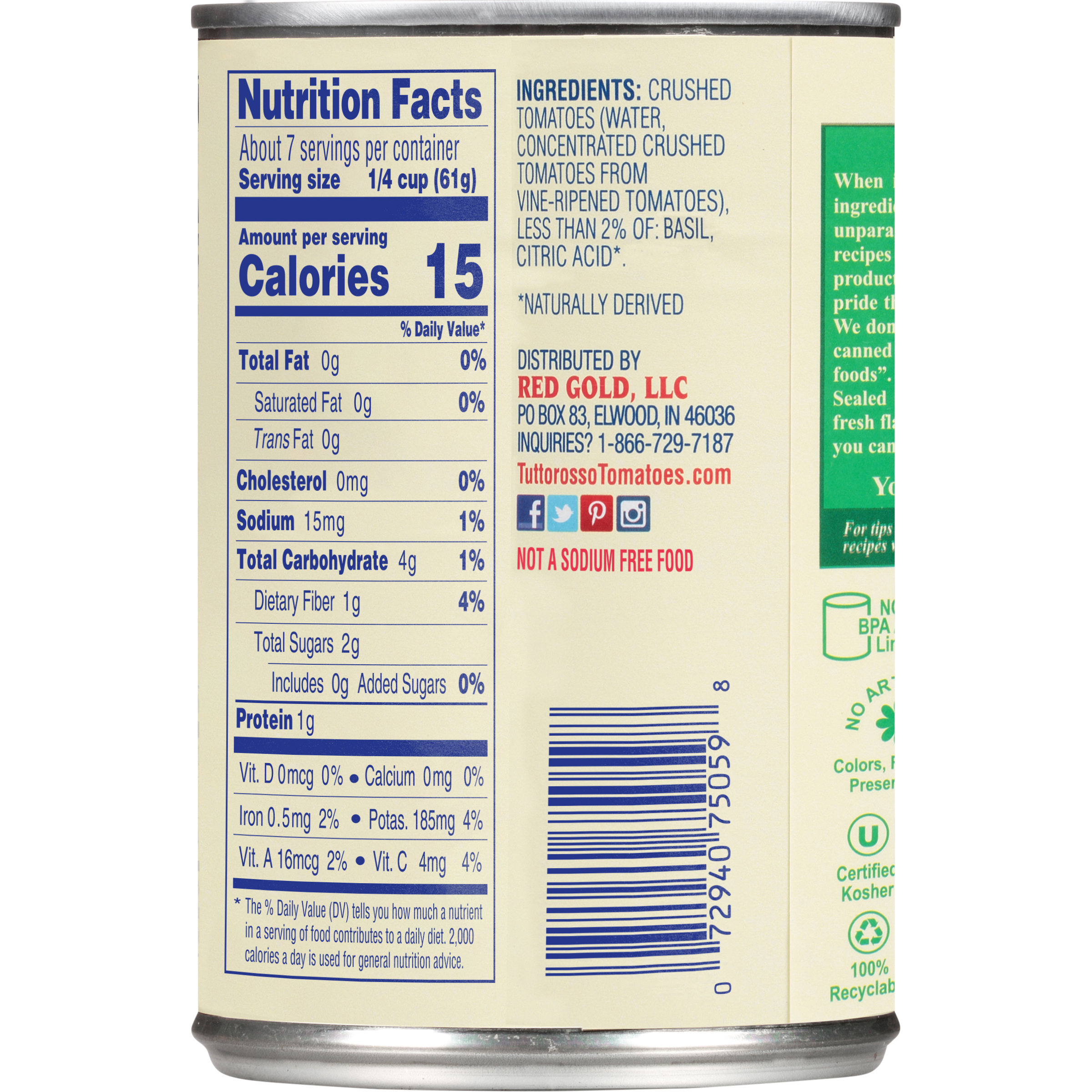 No Salt Added Crushed Tomatoes with Basil 15 oz. Image:2