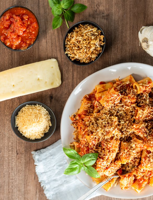 Tomato Butter Sauce Pasta with Toasted Garlic Parmesan Bread Crumbs