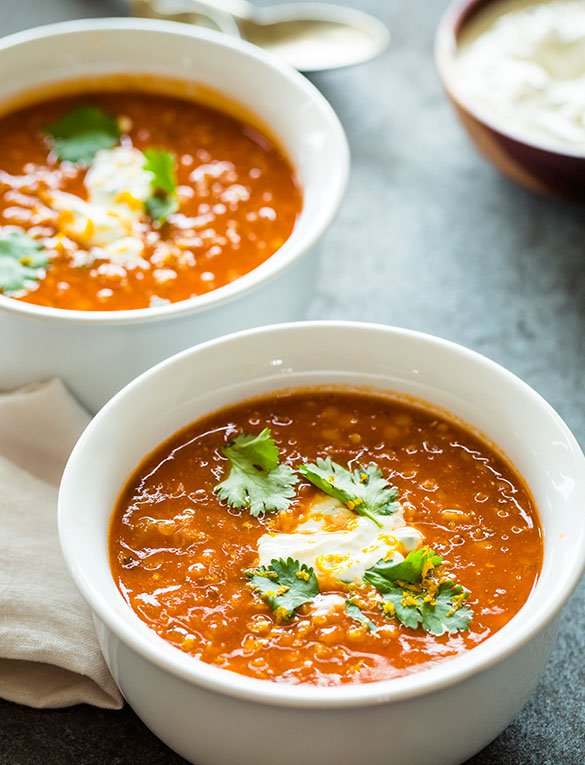 Tomato Lentil and Toasted Cumin Soup with Orange Cilantro Yogurt