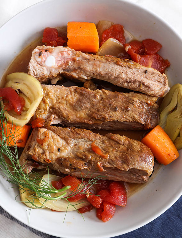 Braised Country Pork Ribs with Tomato and Fennel by Chef Andrea Reusing