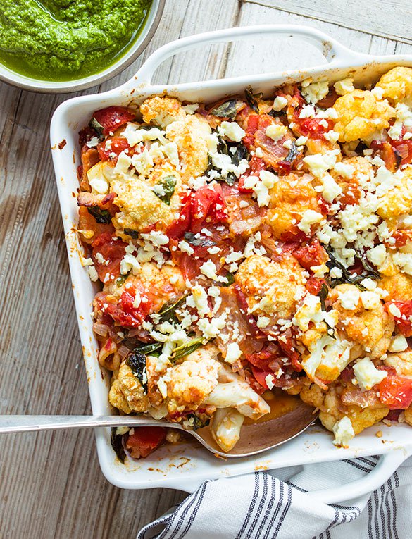 Braised Cauliflower with Plum Tomatoes and Basil Pesto