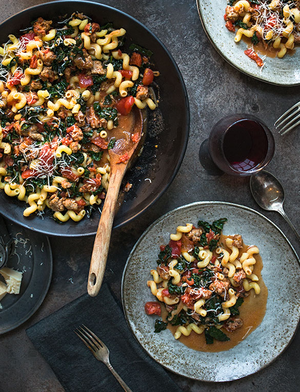 Cavatappi with Sausage, Tomato and Kale