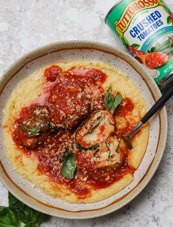 Chicken Parmesan Meatballs over Creamy Polenta