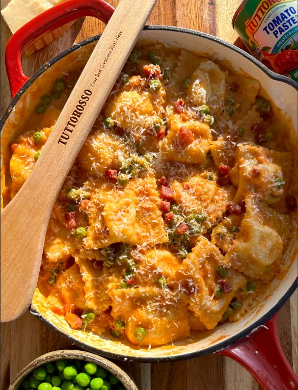 Creamy Roasted Garlic Ravioli with Peas & Pancetta