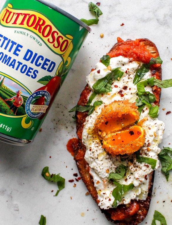Fried Egg Yolk and Burrata Toast with Spicy Marinara