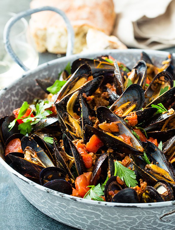 Mussels with Chorizo, Tomatoes, Browned Garlic and Basil
