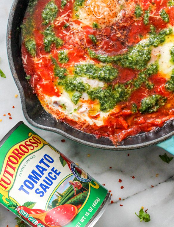 Rustic Italian Eggs with Spicy Pesto Tomato Sauce