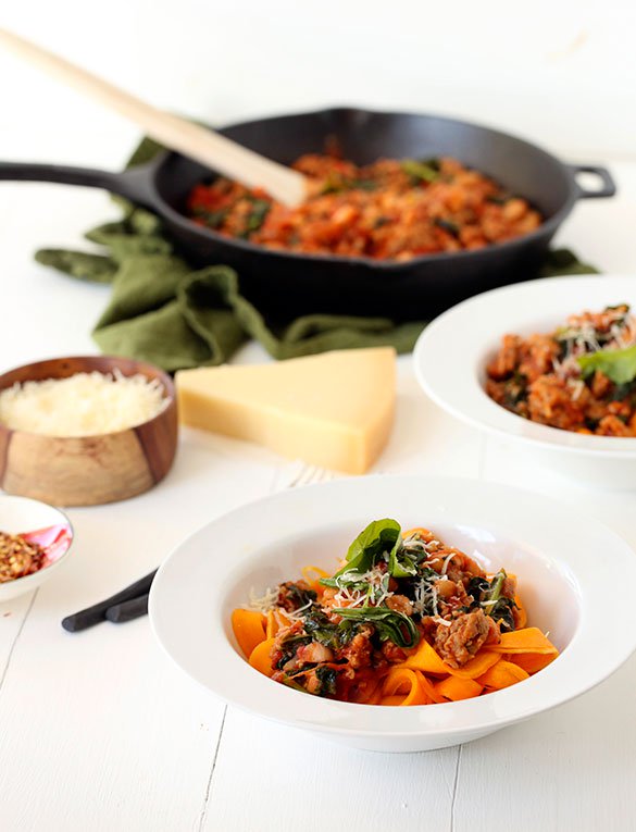 Tuscan Sausage and Kale Ragu with Butternut Squash Fettuccini