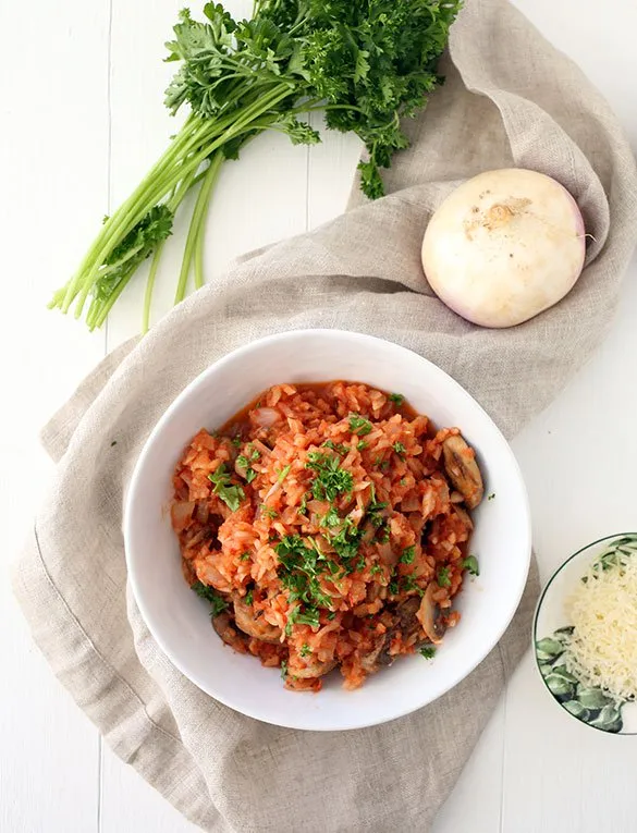 Spiralized Turnip Mushroom and Tomato Risotto