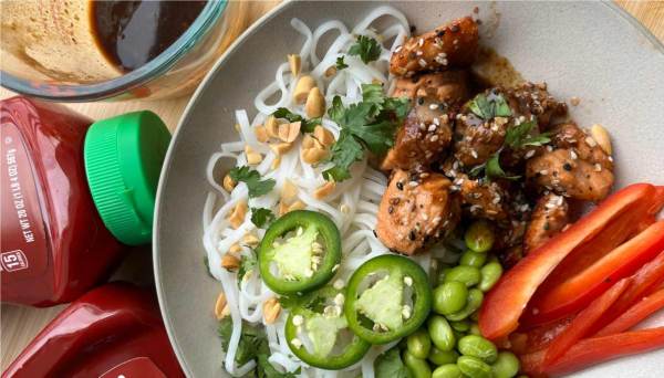 Spring Roll Bowl with Crispy Salmon