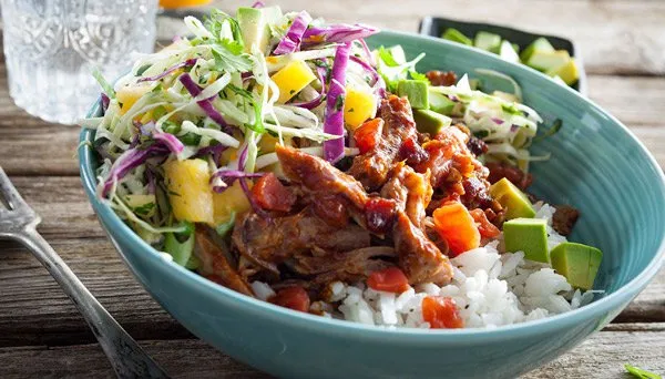 Caribbean Sriracha Pork Bowls with Coconut Rice and Pineapple Slaw