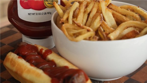 Double Bacon Cheeseburger with Bratwurst and French Fries