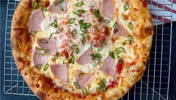 Pizza with Canadian Bacon and Sriracha