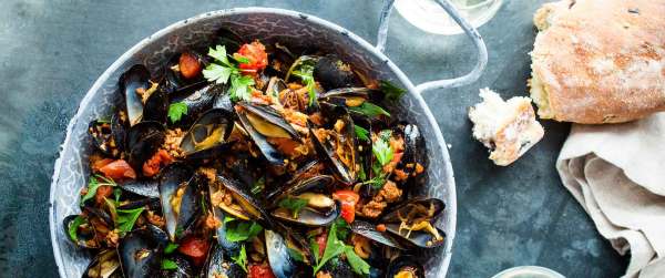 Mussels with Chorizo, Tomatoes, Browned Garlic and Basil