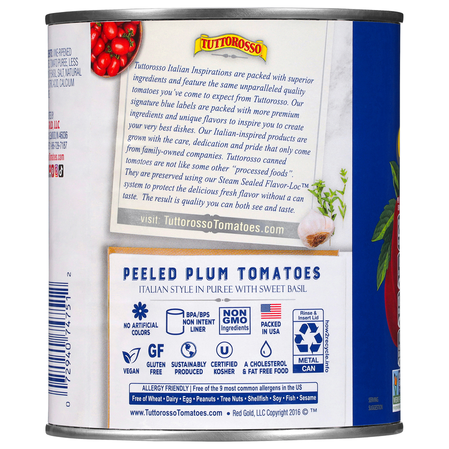 Peeled Plum Tomatoes Italian Style in Puree with Sweet Basil 28 oz Image:2
