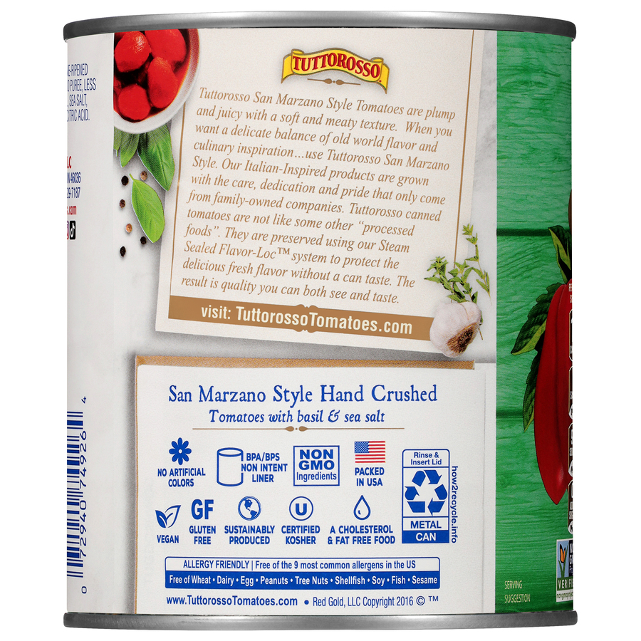 San Marzano Style Hand Crushed Tomatoes in Puree with Basil & Sea Salt 28 oz Image:2