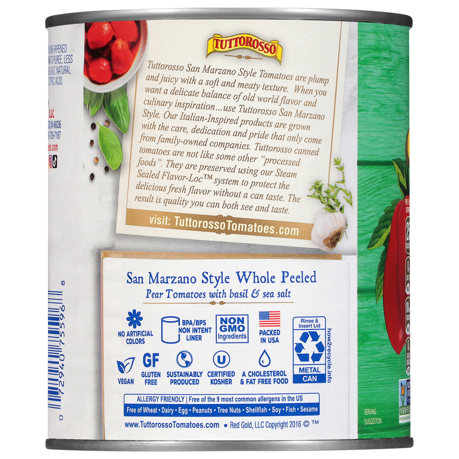 San Marzano Style Whole Peeled Pear Tomatoes with Basil & Sea Salt 28 oz Image:2