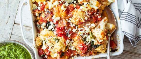 Braised Cauliflower with Plum Tomatoes and Basil Pesto