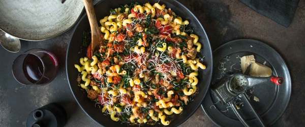 Cavatappi with Sausage, Tomato and Kale