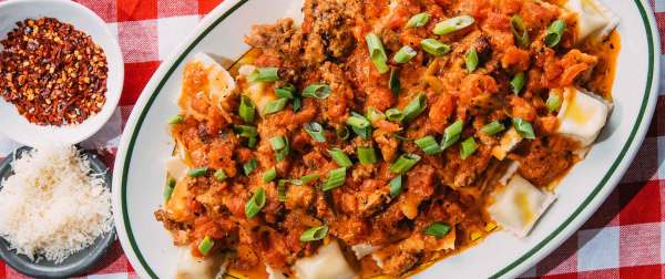 Cheese Ravioli in a Sausage and Tomato Cream Sauce