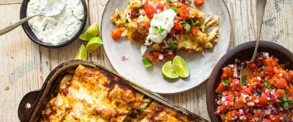 Chicken Enchiladas with Tomato Salsa and Cilantro Cream
