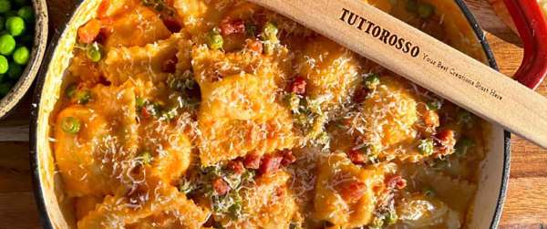 Creamy Roasted Garlic Ravioli with Peas & Pancetta