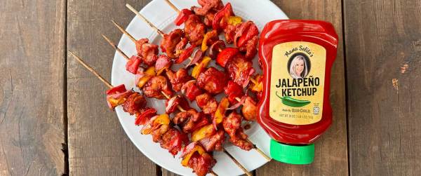 Grilled Jalapeño Ketchup BBQ Chicken and Veggie Skewers