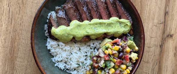 Steak Bowl with Aji Verde Sauce and Black Bean Salsa